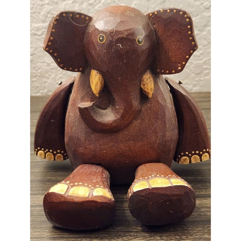 Hand Carved Hand Painted Articulated Wood Elephant Shelf Sitter Super Cute!